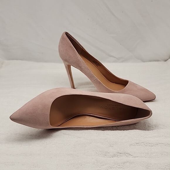 HALSTON HERITAGE CLAUDIA BIEGE/PINK LEATHER UPPER SUEDE STILLETO PUMPS 8.5 GUC - Picture 14 of 16